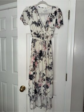 Pinkblush Cream Floral Wrap Dress with Pink and Gray Accents